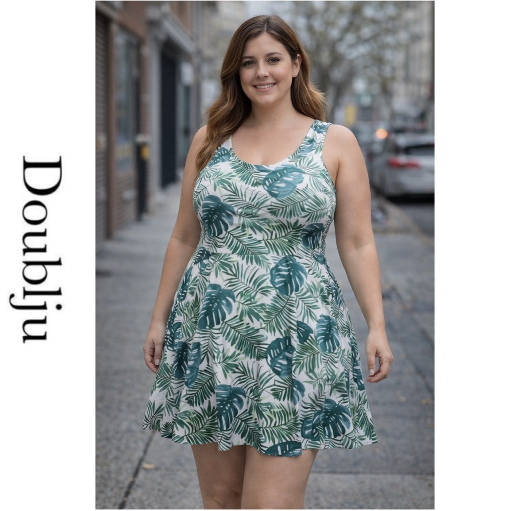 Doublju jr. size 2x white green leafy tank skater dress